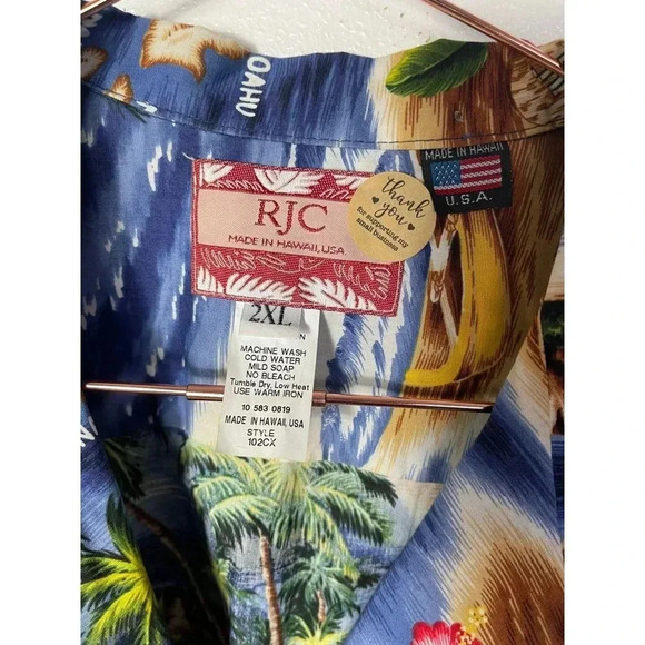 RJC Mens Short Sleeve Button Down Hibiscus Hawaiian Islands Shirt Blue Size 2XL - Picture 5 of 7